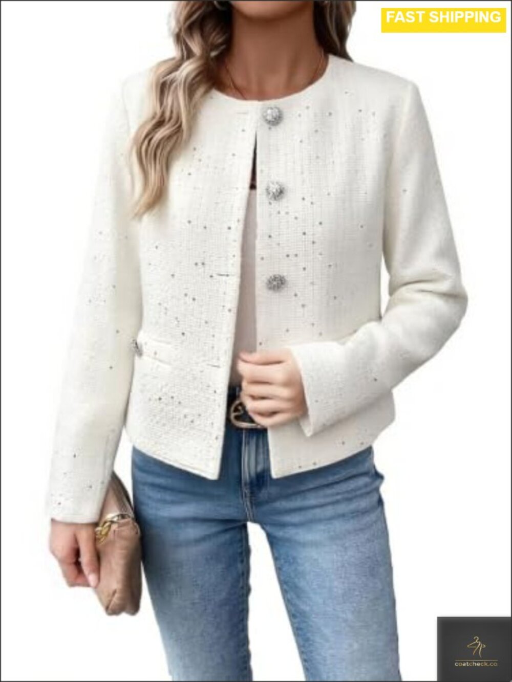 Sequin Tweed Blazer Long Sleeve Cropped Jacket Rhinestone Button